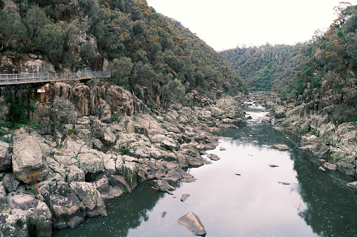 View of the Cataract Gorge reserve, a river gorge and popular tourist location by the city of Launceston, Tasmania.