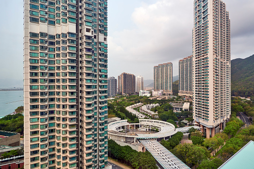 High rise residential buildings in Tung Chung. Islands District. Lantau Island. Hong Kong.