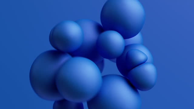 3d animation, abstract minimalist geometric background, group of blue balls attracted to each other, spin and rotate