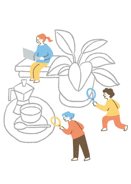 Vector illustration of Three men and women investigating plants, coffee and books