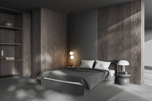 istock Wooden bedroom interior with bed and shelf with decoration. Empty wall 1497590241