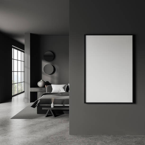 istock Grey bedroom interior with bed and decoration, panoramic window. Mockup frame 1497590254
