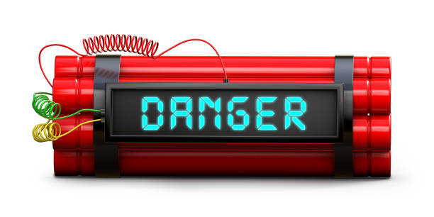 istock Time bomb explosive with danger word on timer isolated on white background. 3d illustration. 1497590865