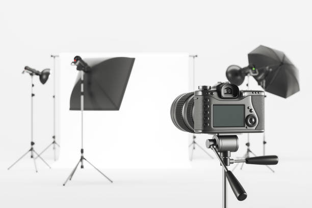istock Photo studio professional equipment, camera and cyclorama with lighting 1497591064