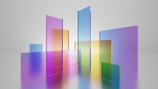 3d render, abstract geometric background, colorful translucent glass pieces, simple flat square shapes