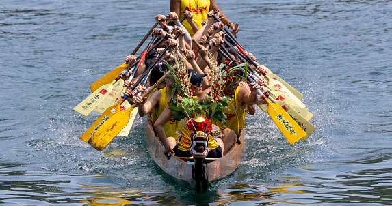 2023 June 3,Hong Kong. Competitive racing in the Dragon Boat Festival in Lamma island .Dragon Boat festival, Dragon boat racing is a popular water sport in Hong Kong.