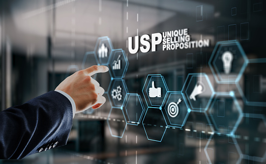 USP. Inscription Unique selling proposition on Virtual Screen. Marketing and technology concept.