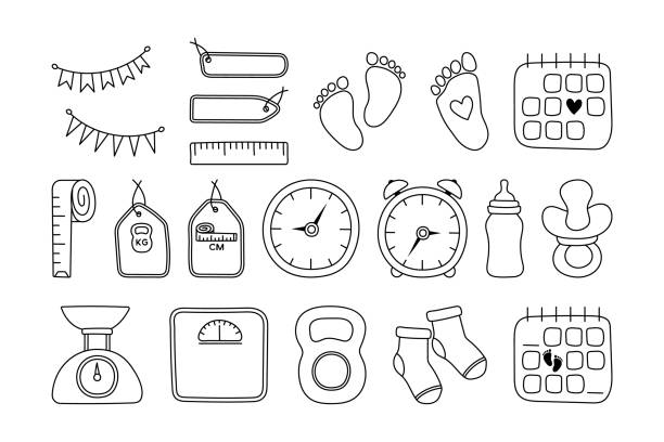 Set baby metric doodles. Birth announcement. Vector set newborn hand drawn elements. Gender party outline icons. Set baby metric doodles. Birth announcement. Vector set newborn hand drawn elements. Gender party outline icons. Birth stats line art illustrations. Age, height, weight data and cute baby accessories. childbirth stock illustrations