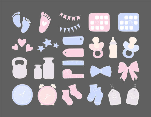 istock Set baby metric colored doodles. Birth announcement. Set newborn hand drawn elements. Gender party vector icons. 1497594117