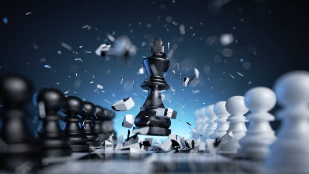 istock 3d illustration, chess game aggressive move, black king chess piece attacks. Business planning strategic concept 1497596617