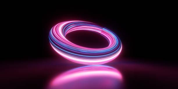 istock 3d render. Abstract geometric background of neon linear ring glowing in the dark. Minimalist futuristic wallpaper 1497597244