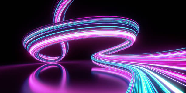 istock 3d render. Abstract neon wallpaper. Glowing lines over black background. Light drawing trajectory, twisted ribbon 1497597262
