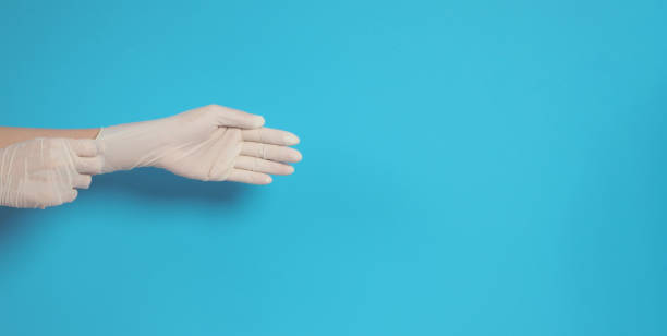 istock The hand is wearing and pull white latex gloves on a blue background. 1497597438