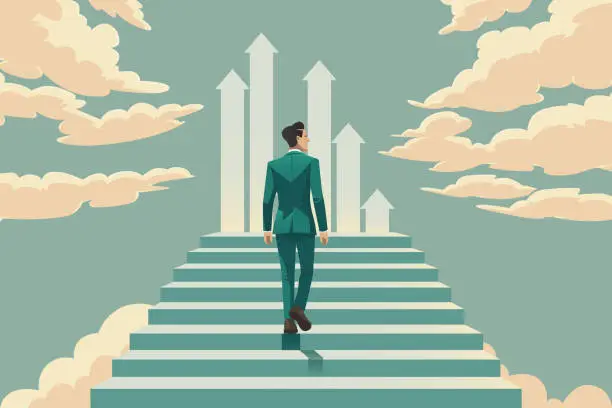 Vector illustration of Businessman walking up and stepping the stair to success and goal achievement