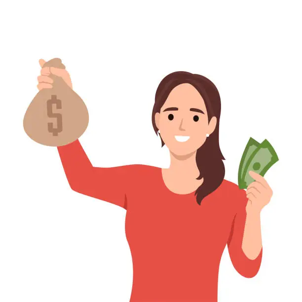 Vector illustration of Money, winning, capital, investment, business concept. Young happy smiling businesswoman cartoon character girl clerk manager taking credit