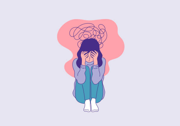 depressed woman sitting face palm pose outline colored illustration depressed woman sitting face palm pose outline colored illustration. mental health and illness conceptual sad woman thinking stock illustrations