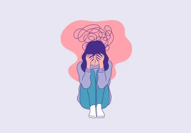 Vector illustration of depressed woman sitting face palm pose outline colored illustration