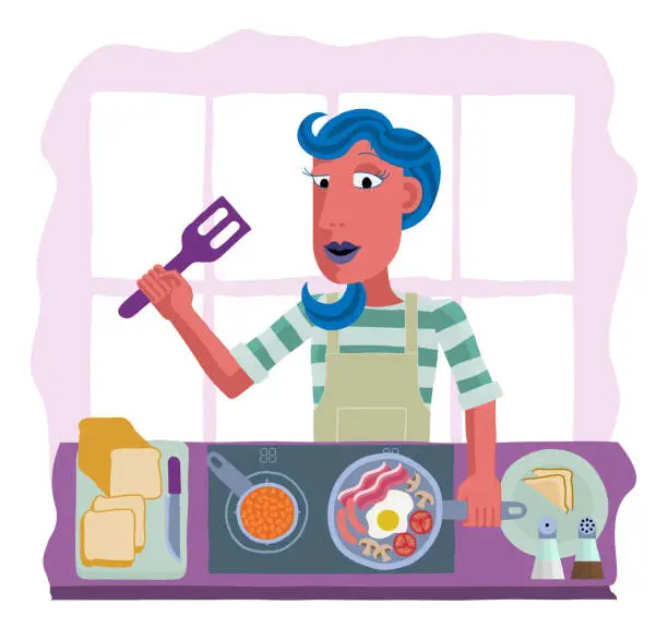 Vector illustration of Woman Cooking Food Fried English Breakfast Kitchen