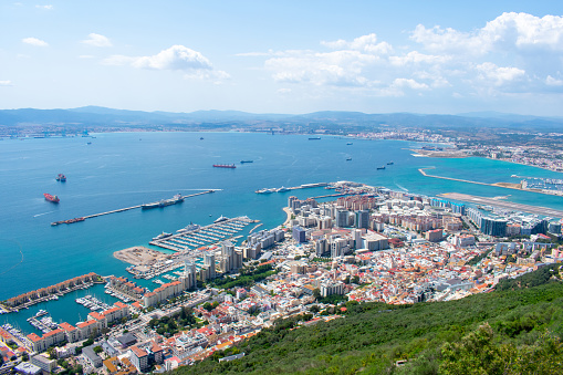Aerial view of Gibraltar, Algeciras Bay and La Linea de la Concepcion from the Upper Rock. View on coastal city from above