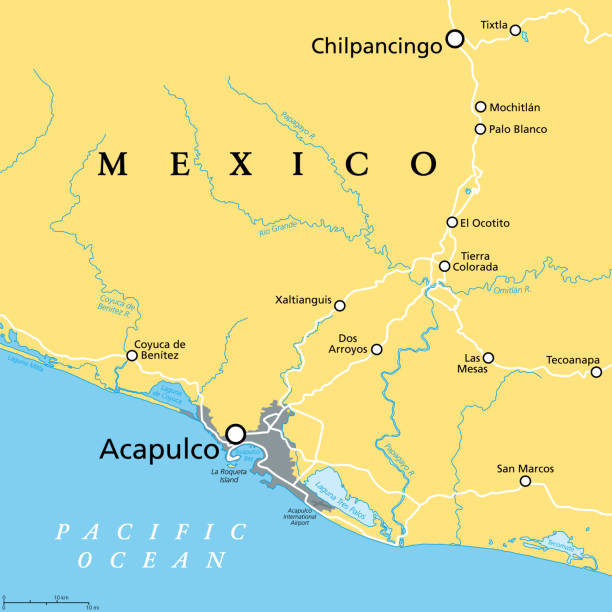 Acapulco and surroundings, port of call for cruise ships in Mexico, political map Acapulco and surroundings, political map. Acapulco de Juárez, city and major port of call in state of Guerrero on the Pacific Coast of Mexico. Popular tourist spot and port of call for cruise ships. major cities stock illustrations