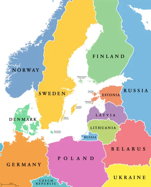 Vector illustration of Baltic Sea area, colored countries, political map, with national borders