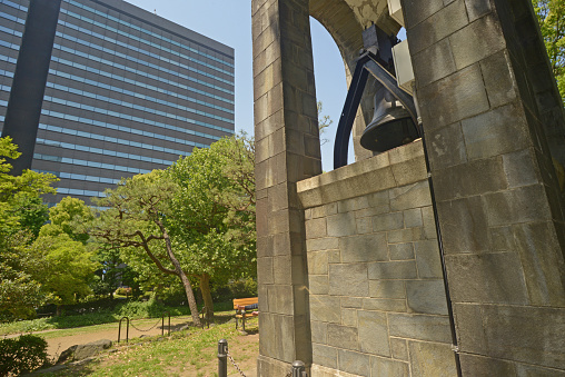 Shooting the Liberty Bell monument and the direction of the Ministry of Justice in Kasumigaseki, location etc. May 2023 Tokyo, Chiyoda Ward, Hibiya, Japan.