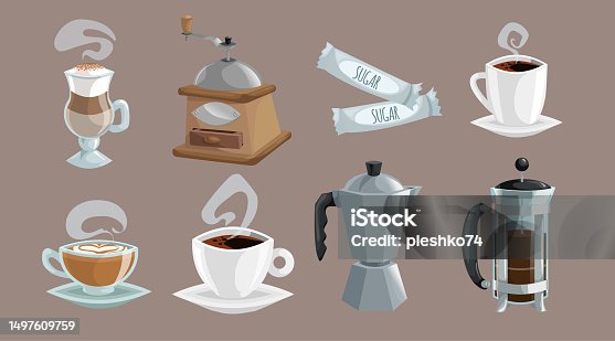 istock Coffee objects set. White cup of coffee with heart shaped cream, sugar sachets, grinder, french press. Vector cartoon style flat illustrations. 1497609759