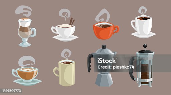 istock Coffee objects set. White cup of coffee with cream and cinnamon sticks, sugar sachets, turkish coffee maker cezve, grinder, french press. Vector cartoon style flat illustrations. 1497609773