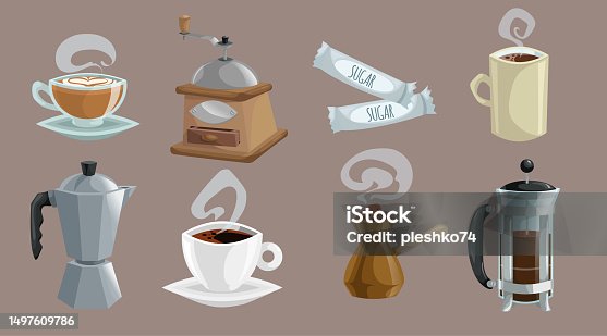 istock Coffee objects set. Cups of coffee with heart shaped cream and steam, grinder, geyser coffee maker pot. Vector cartoon style flat illustrations. 1497609786
