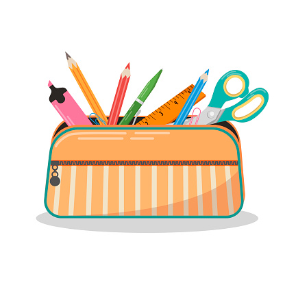 School pencil case with stationery on an isolated background. School inventory vector illustration, school design, sticker design, web elements. Suitable for stickers and design of posters, banners.