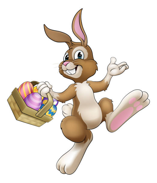 ilustraciones, imágenes clip art, dibujos animados e iconos de stock de conejito de pascua conejo de dibujos animados con canasta de huevos - conejo de pascua