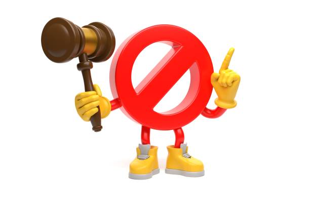 Ban symbol character with a judge's gavel and raised finger