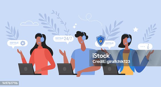 istock Call center and global technical support business concept.  Modern vector illustration of people hotline operator for customers 1497617116
