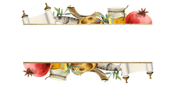 рош ха-шана и йом кипур прямоугольный шаблон поздравительного баннера с акварельной иллюстрацией copyspace, изолированной на белом фоне для ев� - rosh hashana apple honey judaism stock illustrations