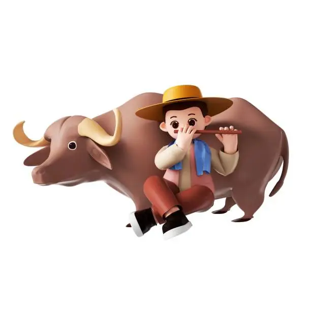 A 3D rendering of a cartoon illustration of a boy and cattle
