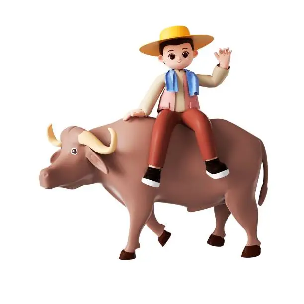 A 3D rendering of a cartoon illustration of a boy and cattle