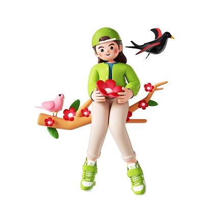 A 3D rendering of a cartoon illustration of a cheerful girl sitting on a large branch, holding a flower