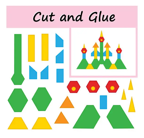 Vector illustration of Cut parts of the image and glue on the paper. DIY worksheet.