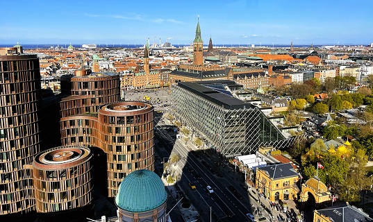 High angle view of Copenhagen, Denmark. The photo was taken a sunny day on April 28th. 2022 in the capital of Denmark.