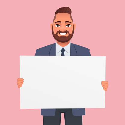 Happy businessman holds an empty poster. A white poster for advertising. Vector illustration in cartoon style on pink background.
