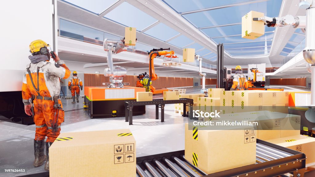 Factory Inside Box Factory Workers Load Boxes And Crates Inside A Warehouse Stock Photo ...