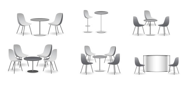 ilustrações de stock, clip art, desenhos animados e ícones de set of realistic trade exhibition chair and table or white blank exhibition kiosk or stand booth corporate commercial. - bar chairs