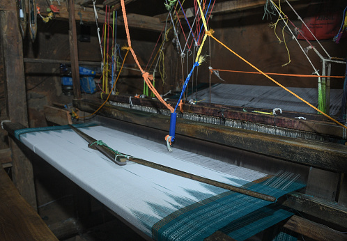 Traditional Loom Home Weaving Factory. Homemade Cloth Weaving Machine. Weaving Sambalpuri Saree By Home Made Machine.