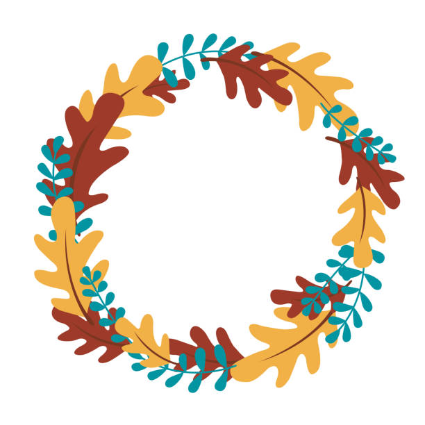 ilustrações de stock, clip art, desenhos animados e ícones de oak leaves and fern wreath illustration for decoration on thanksgiving festival, tropical forest and nature concept. - fern forest ivy leaf