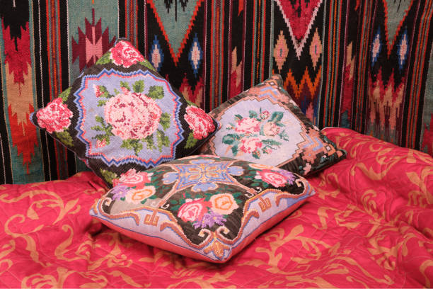 decorative pillows with rose embroidery, handmade, embroidered carpet, bed, wall and blanket red natural
