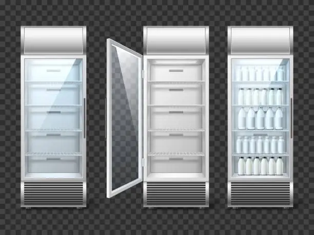 Vector illustration of Realistic fridge with drinks. Supermarket equipment, empty and full store vertical refrigerator, bottles with blank objects, open and closed glass door, 3d isolated elements, utter vector set