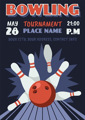 Bowling tournament poster. Group sports game, ball breaking skittles, strike, invitational flyer, retro design template, playing championship, bowl game sport tidy vector cartoon flat style concept