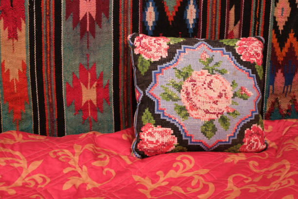 decorative pillow with rose embroidery, handmade, embroidered carpet, bed, wall and blanket red natural - pillow cushion embroidery homewares imagens e fotografias de stock