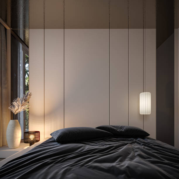 istock Modern bedroom interior design with empty white wall background. Stylish minimalistic bedroom. 1497635254