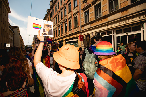 Dresden, Saxony, Germany, Europe - June 10, 2023: LGBTQIA+ pride in Dresden, Christopher street day in Germany, gay parade at the street. Happy people with rainbow flags and LGBT symbols.